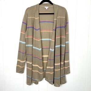 J. Jill Cardigan Sweater Linen Rayon Blend Womens Medium Open Front Tan Stripe